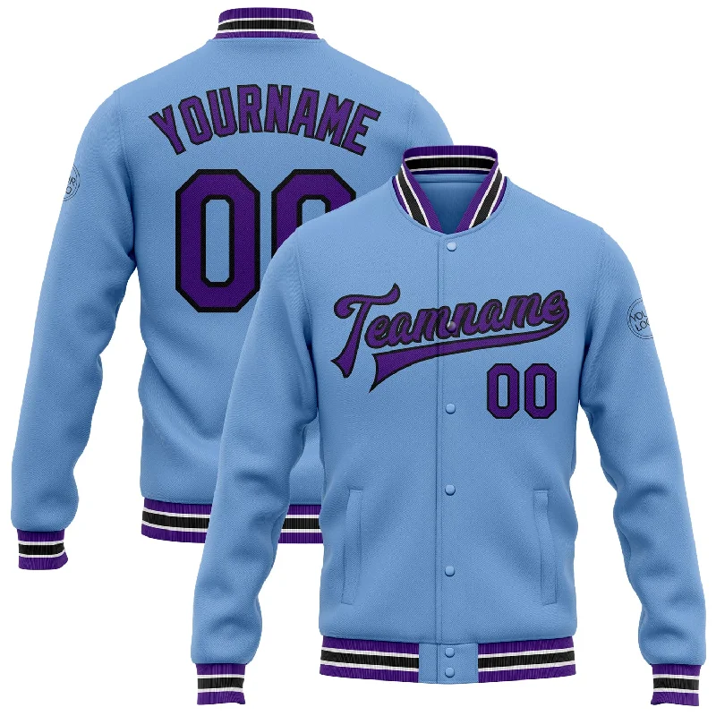 Soft Hoodie Jacket for Casual Comfort-Custom Light Blue Purple-Black Bomber Full-Snap Varsity Letterman Jacket