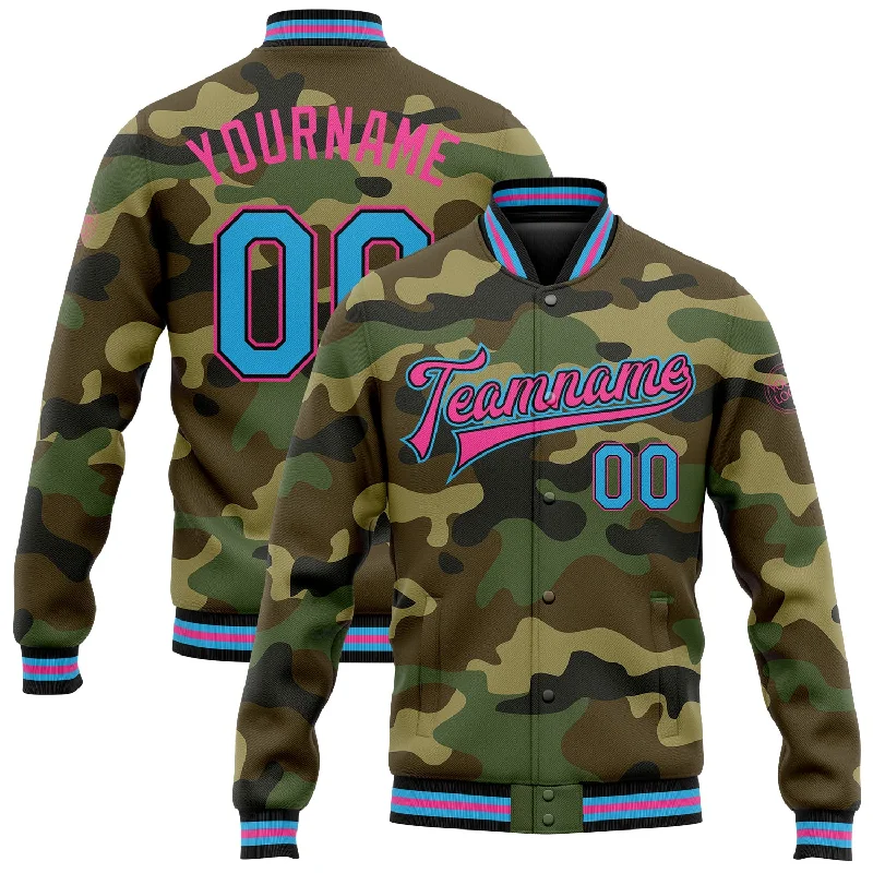 Slim Fit Trench Coat Jacket for Timeless Fashion-Custom Camo Sky Blue Black-Pink Bomber Full-Snap Varsity Letterman Salute To Service Jacket