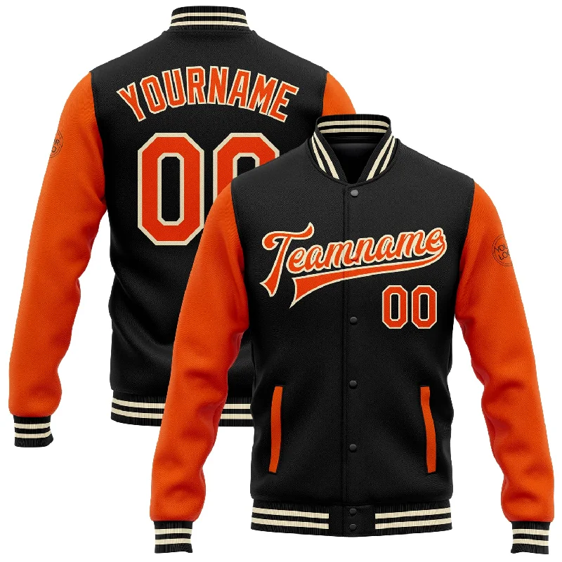 Long Sleeve Zip-Up Jacket for Easy Layering-Custom Black Orange-Cream Bomber Full-Snap Varsity Letterman Two Tone Jacket