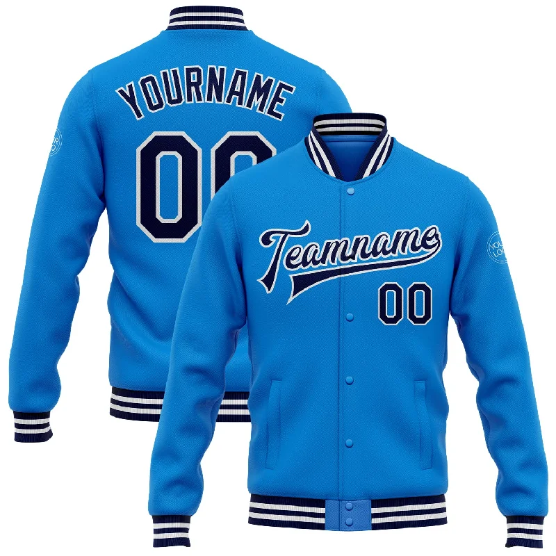 Sleek Performance Jacket for Active Lifestyles-Custom Powder Blue Navy-White Bomber Full-Snap Varsity Letterman Jacket