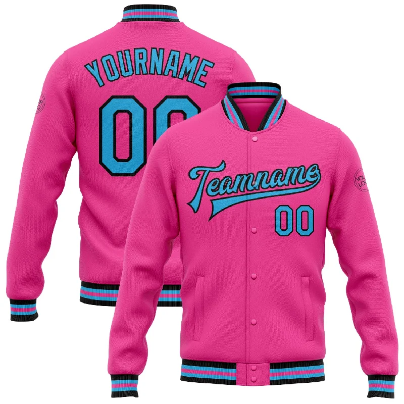 Slim Fit Puffer Jacket for Stylish Winter Wear-Custom Pink Sky Blue-Black Bomber Full-Snap Varsity Letterman Jacket