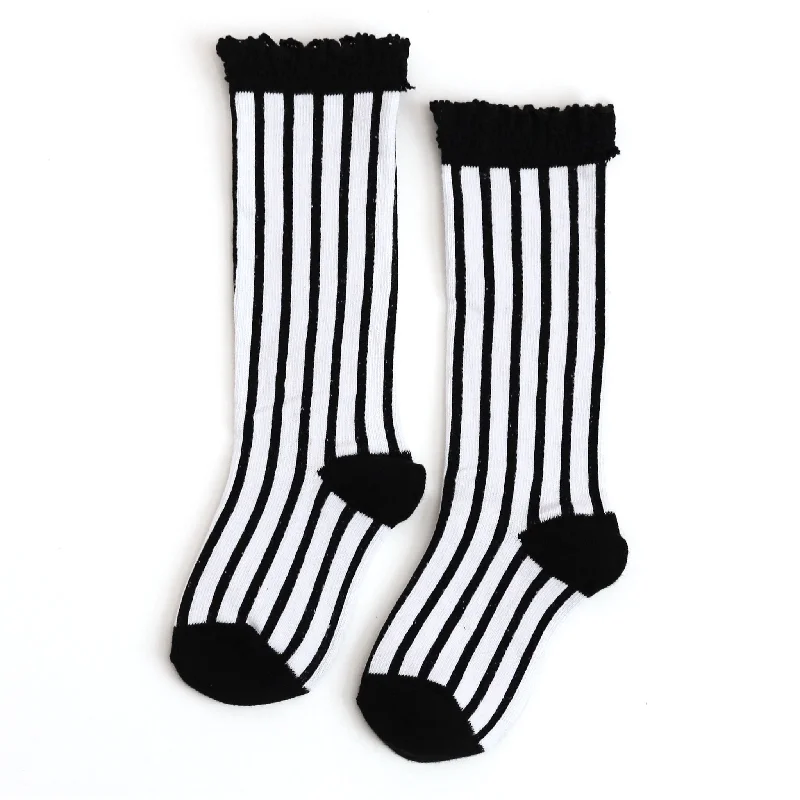 Fancy Patterned Socks for Bold Statements-Vertical Striped Lace Top Knee High Socks - Black/White