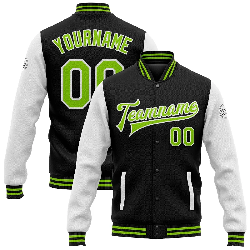 Waterproof Outdoor Jacket for Wet Conditions-Custom Black Neon Green-White Bomber Full-Snap Varsity Letterman Two Tone Jacket