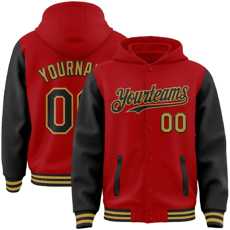 Zip-Up Hoodie for Easy On-and-Off Wear-Custom Red Black-Old Gold Bomber Full-Snap Varsity Letterman Two Tone Hoodie Jacket