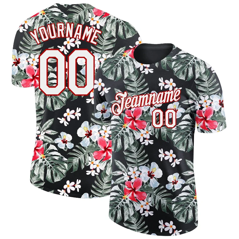 Vintage-Inspired Graphic T-Shirt for Retro Looks-Custom Black White-Red 3D Pattern Design Tropical Hawaii Plant Performance T-Shirt