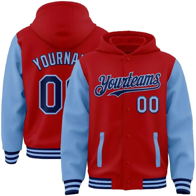 Stylish Zip Hoodie for Athleisure Looks-Custom Red Navy-Light Blue Bomber Full-Snap Varsity Letterman Two Tone Hoodie Jacket