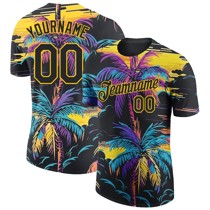 Lightweight Jersey T-Shirt for Summer Outfits-Custom Black Yellow 3D Pattern Design Tropical Hawaii Palms Trees Performance T-Shirt