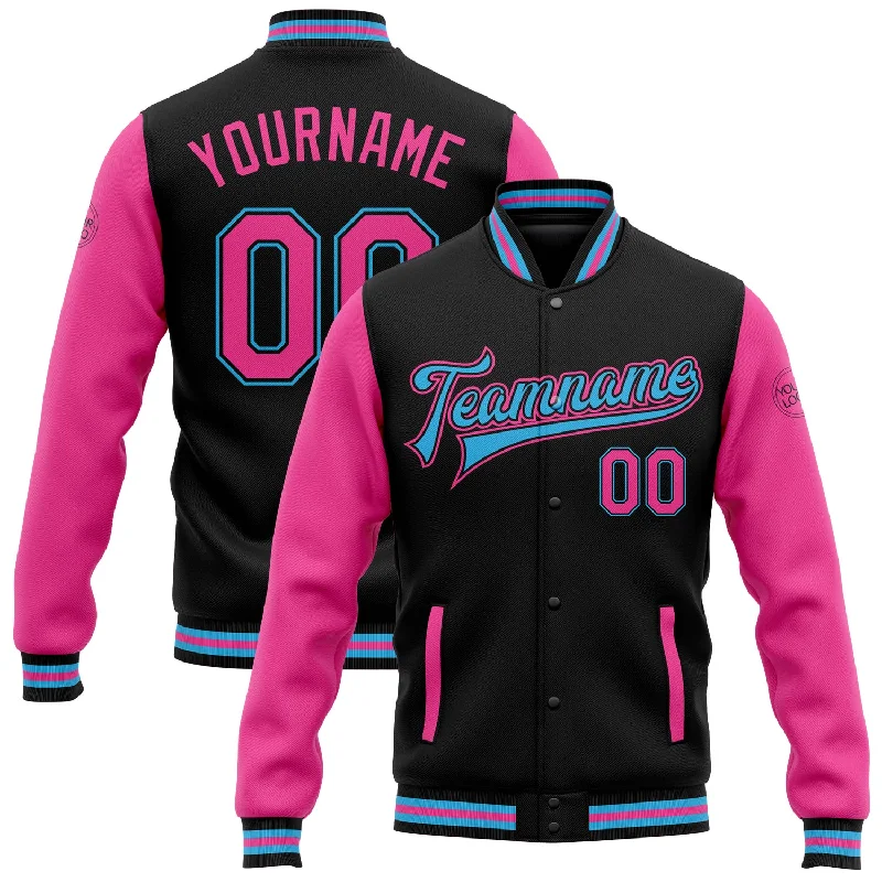 Customizable Sports Jacket for Team Wear-Custom Black Pink-Sky Blue Bomber Full-Snap Varsity Letterman Two Tone Jacket