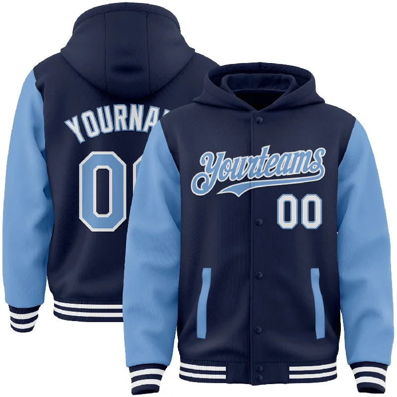 Hoodie with Kangaroo Pockets for Convenience-Custom Navy Light Blue-White Bomber Full-Snap Varsity Letterman Two Tone Hoodie Jacket