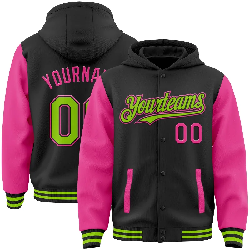 Hoodie with Zipper Pockets for Convenience-Custom Black Neon Green-Pink Bomber Full-Snap Varsity Letterman Two Tone Hoodie Jacket