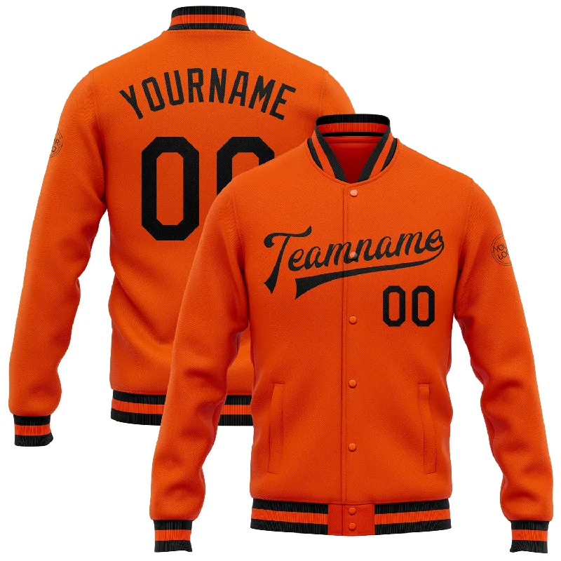 Stylish Zip-Up Outdoor Jacket for All-Day Comfort-Custom Orange Black Bomber Full-Snap Varsity Letterman Jacket