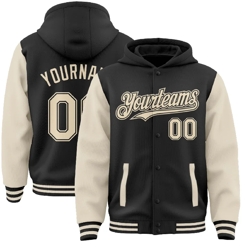 Warm Hoodie for Cold Mornings-Custom Black Cream Bomber Full-Snap Varsity Letterman Two Tone Hoodie Jacket