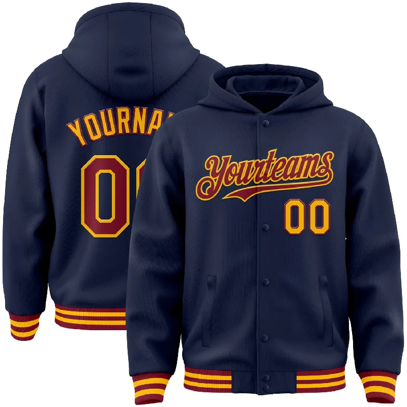 Stylish Zip Hoodie for Athleisure Looks-Custom Navy Crimson-Gold Bomber Full-Snap Varsity Letterman Hoodie Jacket