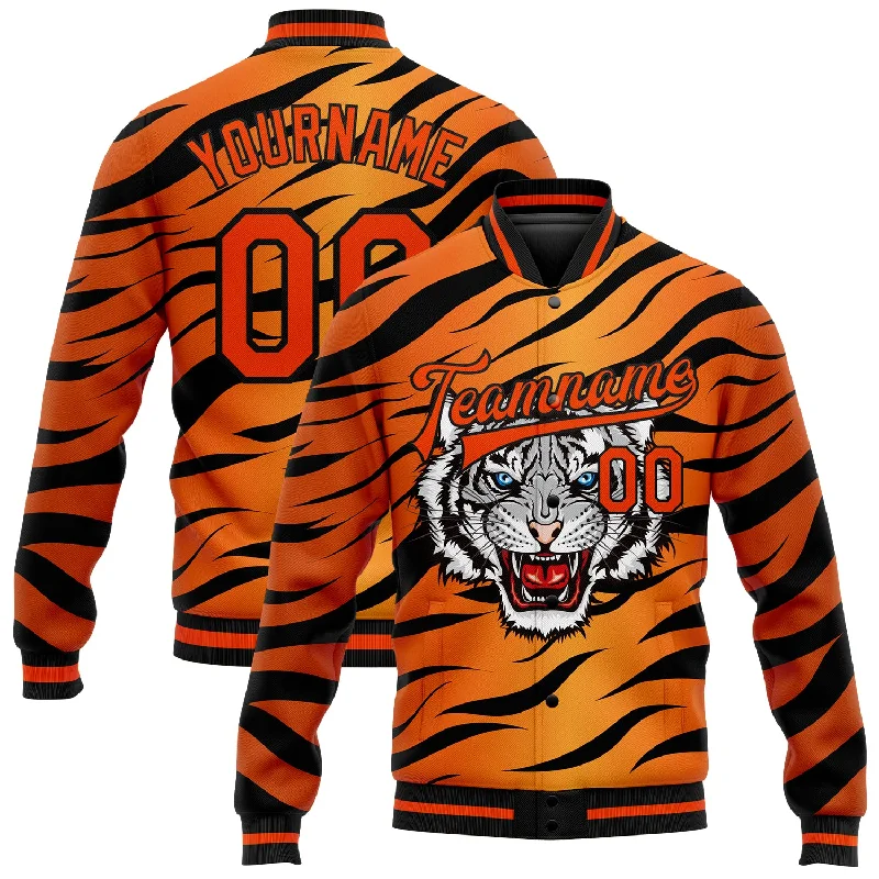 Stylish Rain Jacket for Wet Weather-Custom Orange Black Tiger 3D Pattern Design Bomber Full-Snap Varsity Letterman Jacket