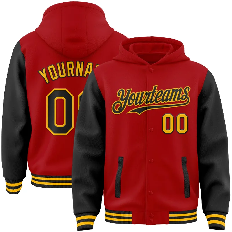 Cozy Hoodie for Every Season-Custom Red Black-Gold Bomber Full-Snap Varsity Letterman Two Tone Hoodie Jacket