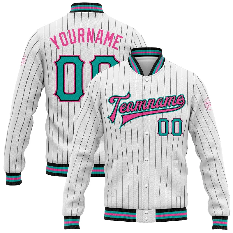 Trendy Hooded Puffer Jacket for Winter Fashion-Custom White Black Pinstripe Aqua-Pink Bomber Full-Snap Varsity Letterman Jacket