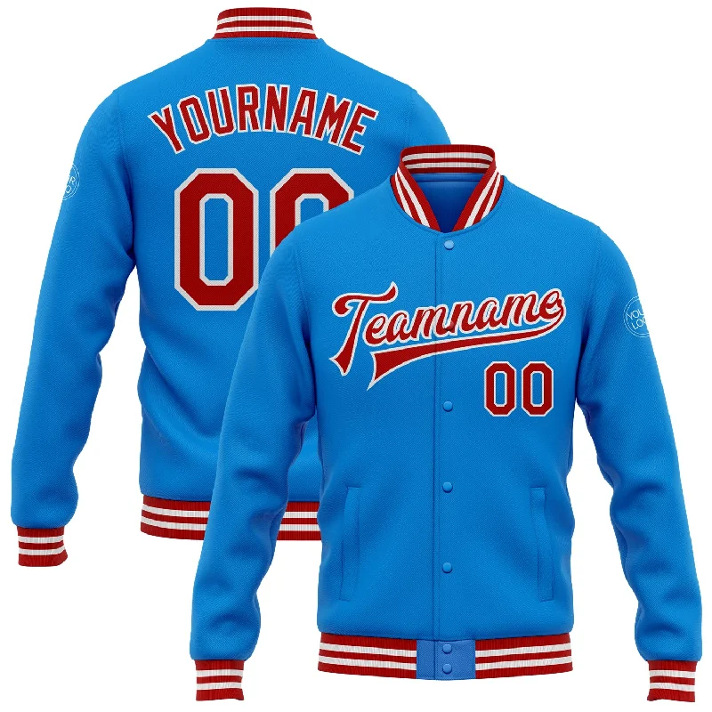 Warm Quilted Jacket for Cozy Winter Days-Custom Powder Blue Red-White Bomber Full-Snap Varsity Letterman Jacket