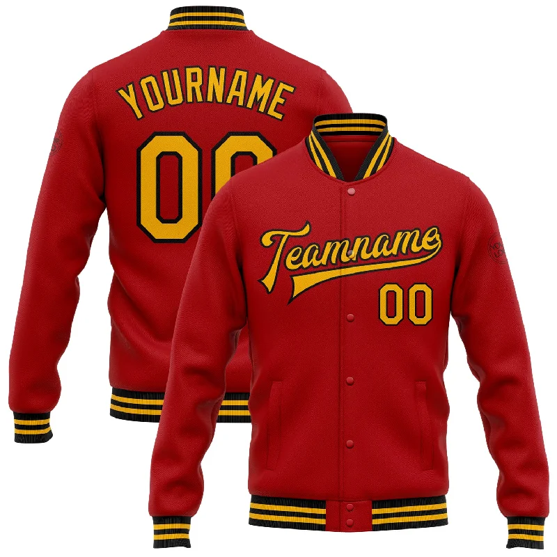 Warm Fleece Jacket for Layering-Custom Red Gold-Black Bomber Full-Snap Varsity Letterman Jacket