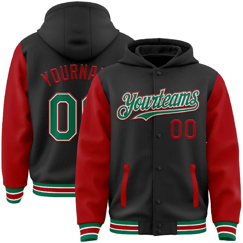 Sporty Hoodie for Jogging and Walking-Custom Black Kelly Green-Red Bomber Full-Snap Varsity Letterman Two Tone Hoodie Jacket