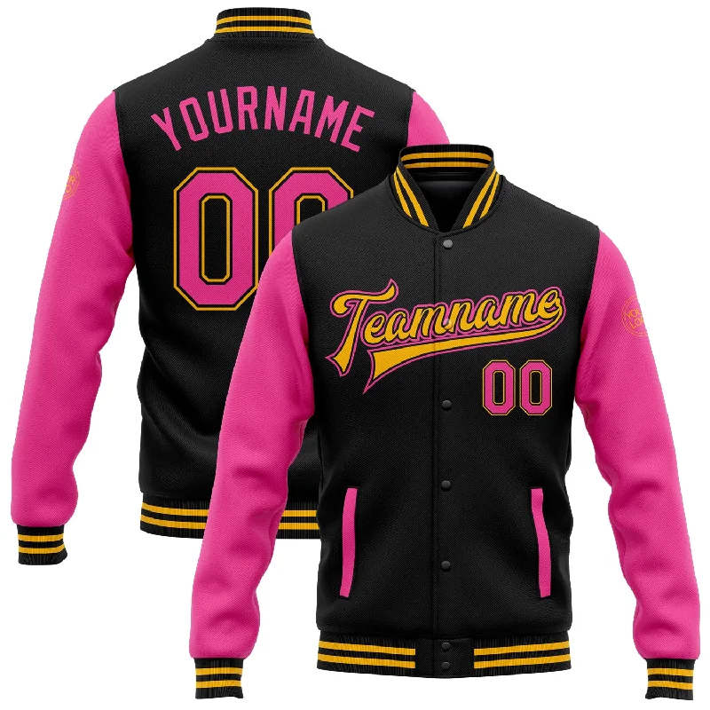 Casual Field Jacket for Relaxed Style-Custom Black Pink-Gold Bomber Full-Snap Varsity Letterman Two Tone Jacket