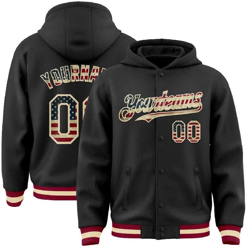 Comfortable Hoodie for Post-Workout Relaxation-Custom Black Vintage USA Flag Cream-Maroon Bomber Full-Snap Varsity Letterman Hoodie Jacket