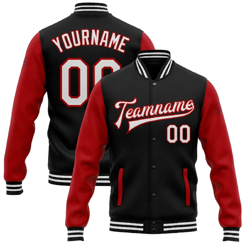 Classic Double-Breasted Trench Coat Jacket-Custom Black White-Red Bomber Full-Snap Varsity Letterman Two Tone Jacket