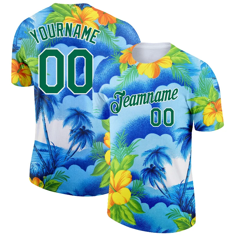 Soft Premium T-Shirt for a Luxurious Feel-Custom White Kelly Green 3D Pattern Design Beach Hawaii Palm Trees And Flowers Performance T-Shirt