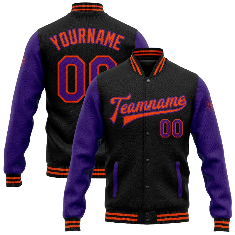 Classic Denim Jacket for Timeless Appeal-Custom Black Purple-Orange Bomber Full-Snap Varsity Letterman Two Tone Jacket