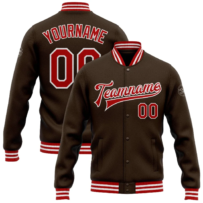 Casual Utility Jacket for Practical Wear-Custom Brown Red-White Bomber Full-Snap Varsity Letterman Jacket