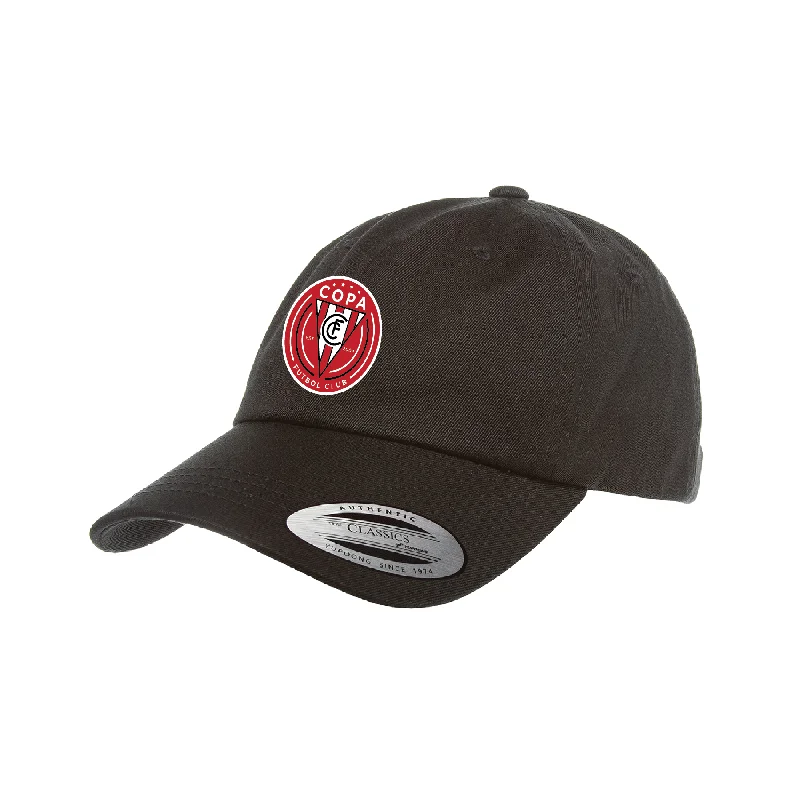 Custom Embroidered Hat for Team Events-FC Copa (Logo) Yupoong Cotton Twill Dad Cap Black