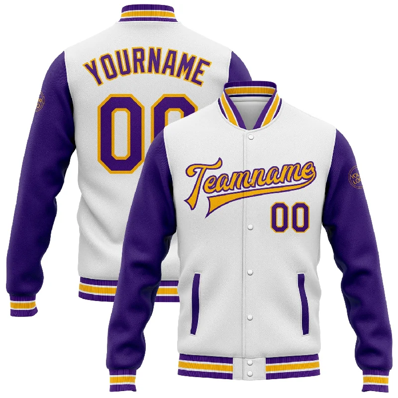 Stylish Zip-Up Outdoor Jacket for All-Day Comfort-Custom White Purple-Gold Bomber Full-Snap Varsity Letterman Two Tone Jacket