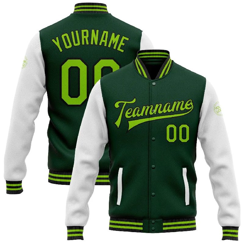 Athletic Wear Jacket for Running and Jogging-Custom Green Neon Green-Black Bomber Full-Snap Varsity Letterman Two Tone Jacket