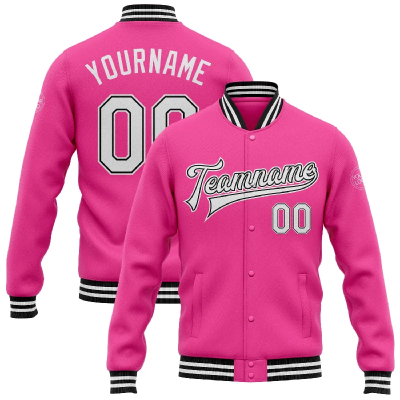 Warm Cashmere Coat Jacket for Luxurious Comfort-Custom Pink White-Black Bomber Full-Snap Varsity Letterman Jacket