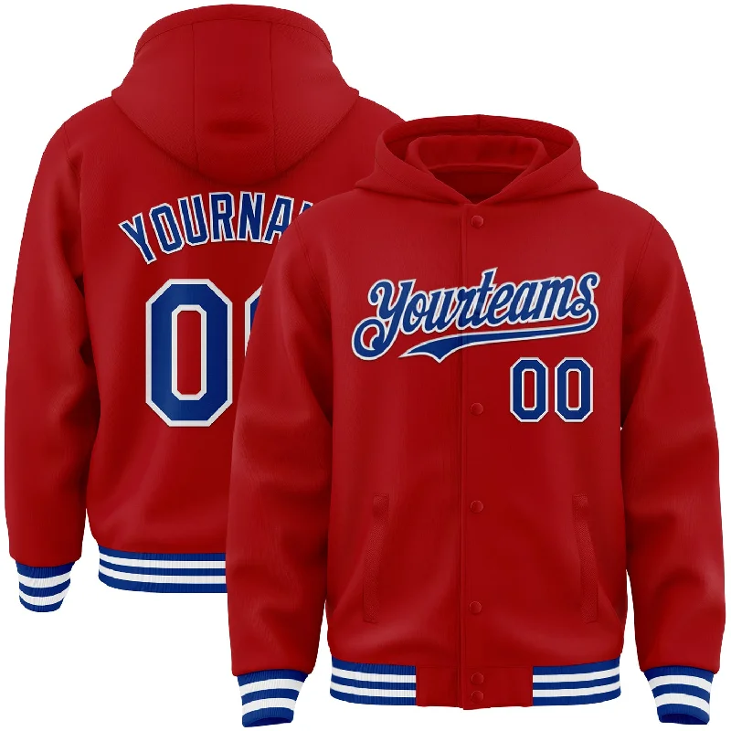 Hoodie with Zipper Pockets for Convenience-Custom Red Royal-White Bomber Full-Snap Varsity Letterman Hoodie Jacket