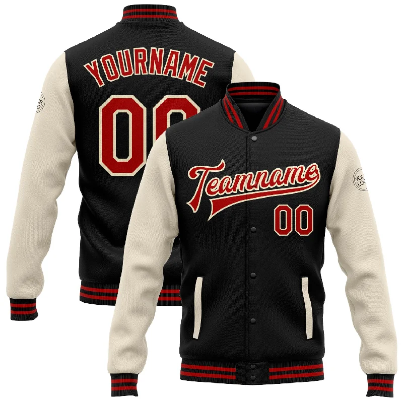 Warm Waterproof Jacket for Stormy Conditions-Custom Black Red-Cream Bomber Full-Snap Varsity Letterman Two Tone Jacket