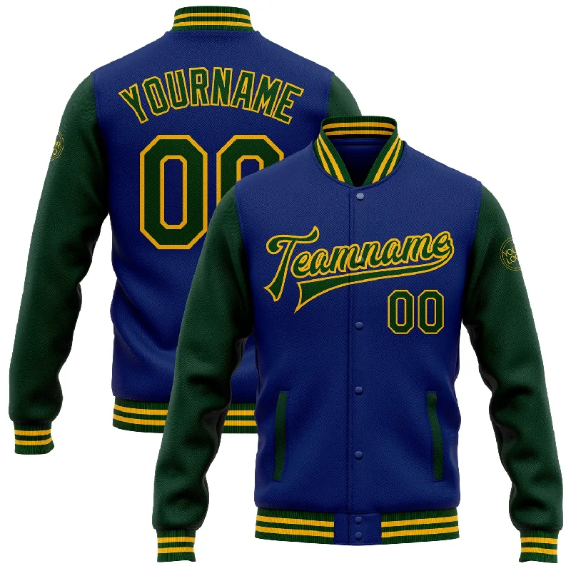 Modern Utility Jacket for Work and Play-Custom Royal Green-Gold Bomber Full-Snap Varsity Letterman Two Tone Jacket