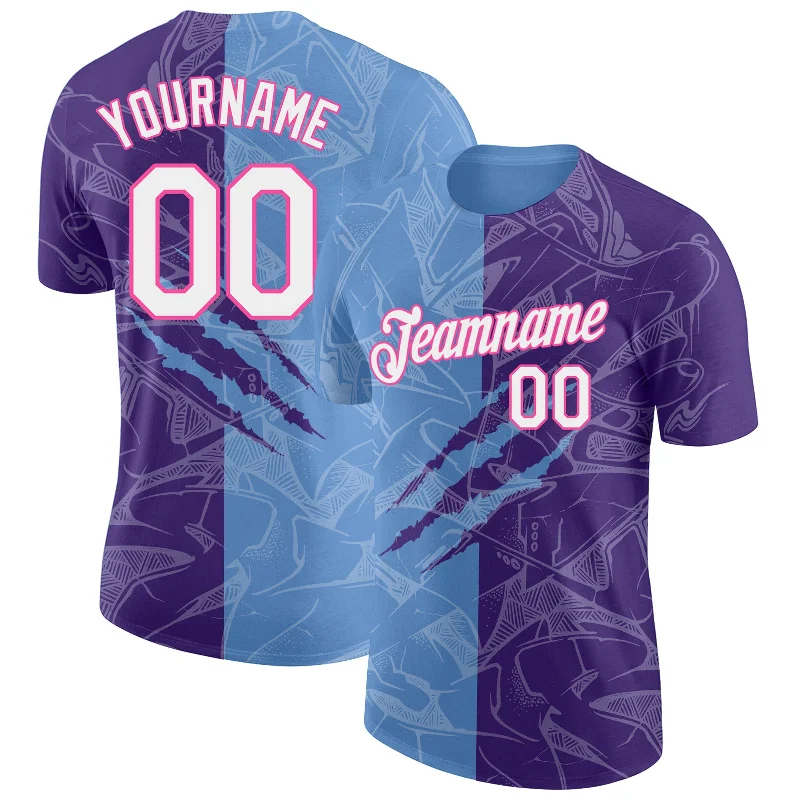 Lightweight Jersey T-Shirt for Summer Outfits-Custom Graffiti Pattern Purple Light Blue-Pink Scratch 3D Performance T-Shirt