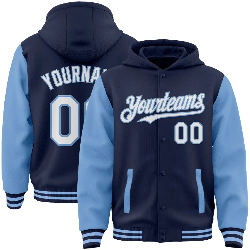 Athletic Hoodie for Active Lifestyles-Custom Navy White-Light Blue Bomber Full-Snap Varsity Letterman Two Tone Hoodie Jacket