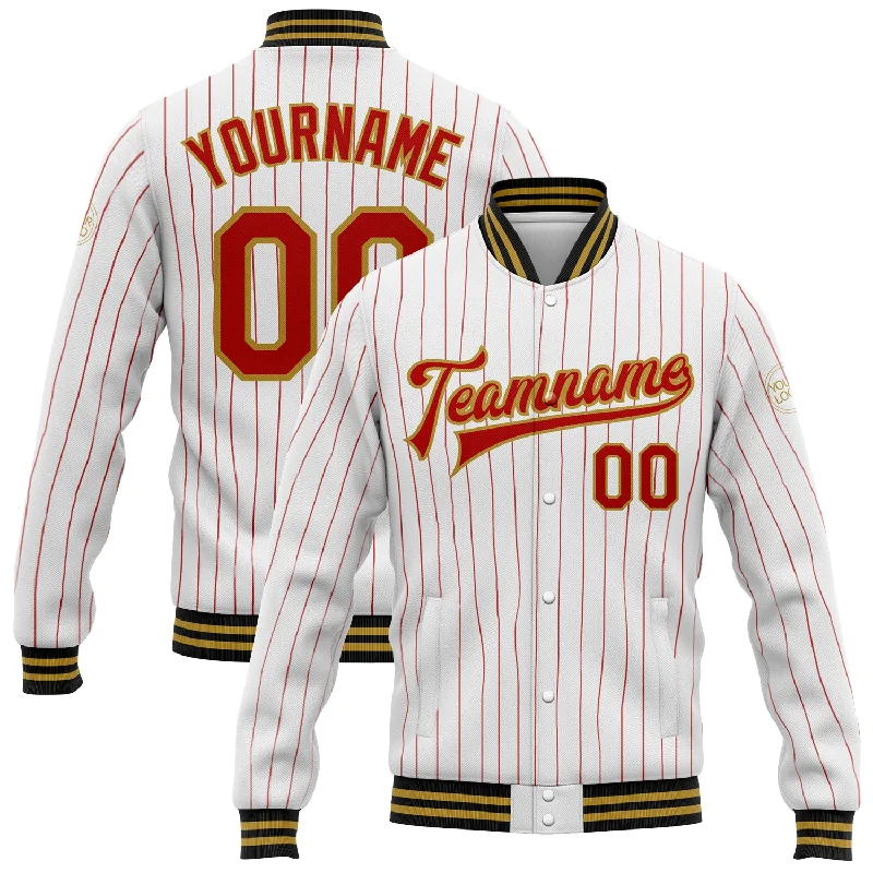 Warm Puffer Jacket for Winter Comfort-Custom White Red Pinstripe Old Gold-Black Bomber Full-Snap Varsity Letterman Jacket