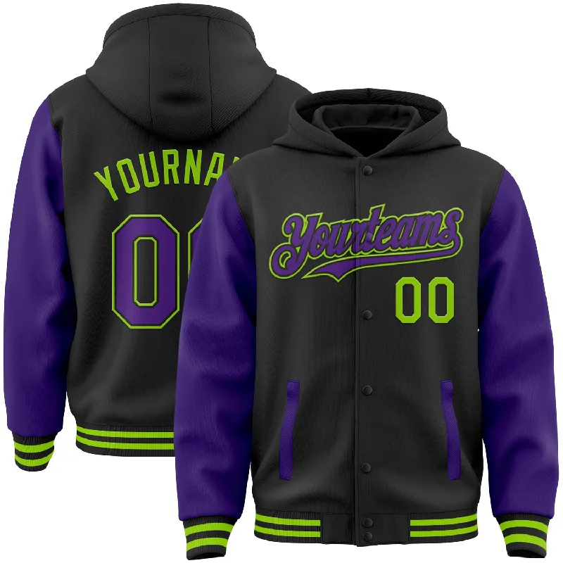 Fashionable Hoodie for Going Out-Custom Black Purple-Neon Green Bomber Full-Snap Varsity Letterman Two Tone Hoodie Jacket