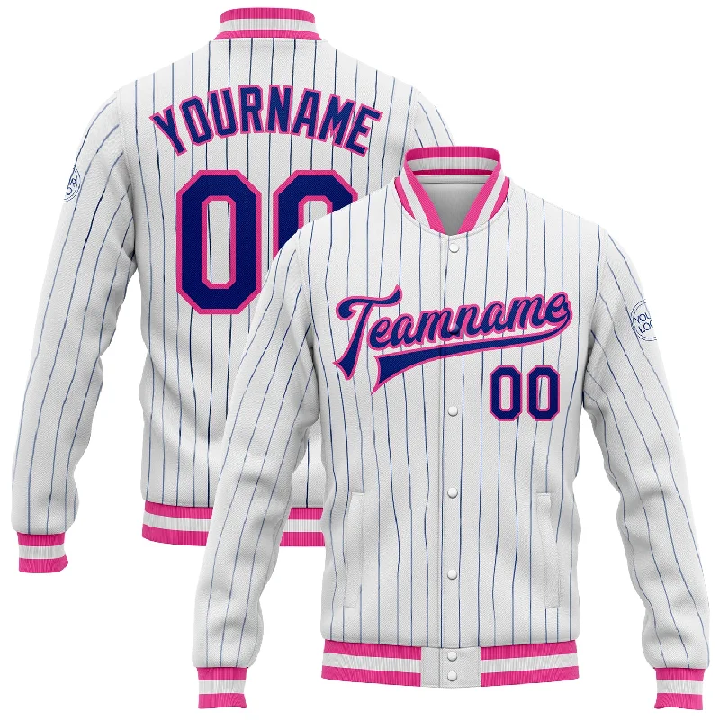 Casual Quilted Jacket for Fall Fashion Looks-Custom White Royal Pinstripe Pink Bomber Full-Snap Varsity Letterman Jacket