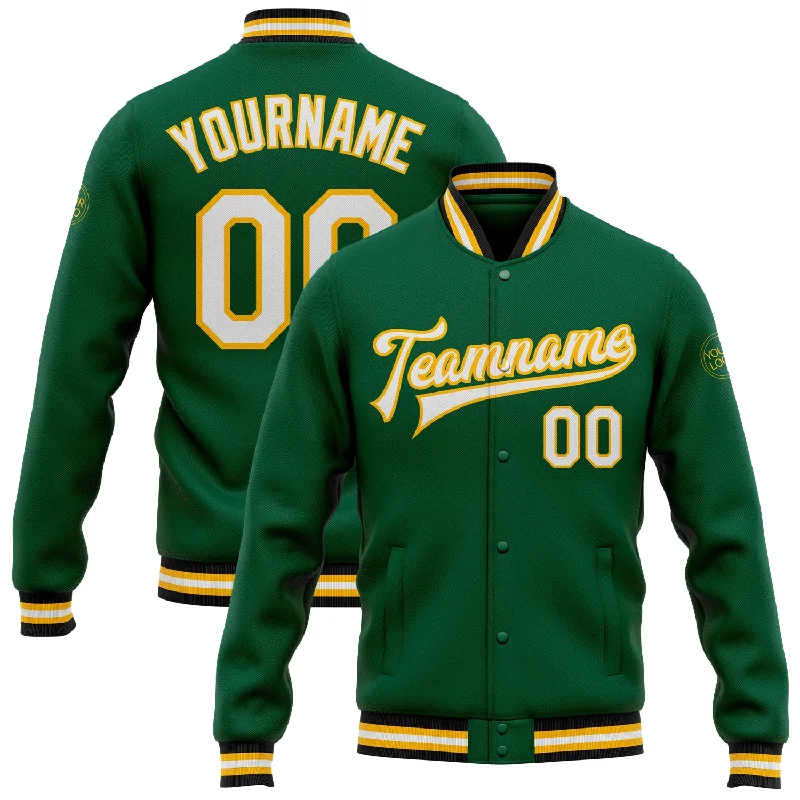 Insulated Hooded Jacket for Chilly Weather-Custom Kelly Green White-Gold Bomber Full-Snap Varsity Letterman Jacket