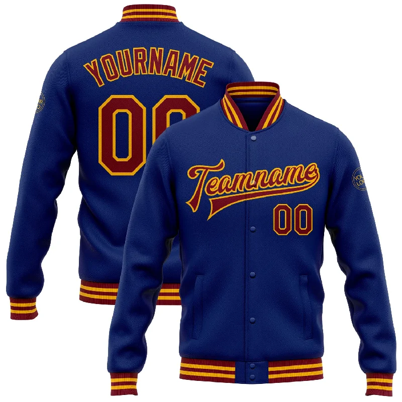 Stylish Checked Wool Jacket for Cozy Looks-Custom Royal Crimson-Gold Bomber Full-Snap Varsity Letterman Jacket