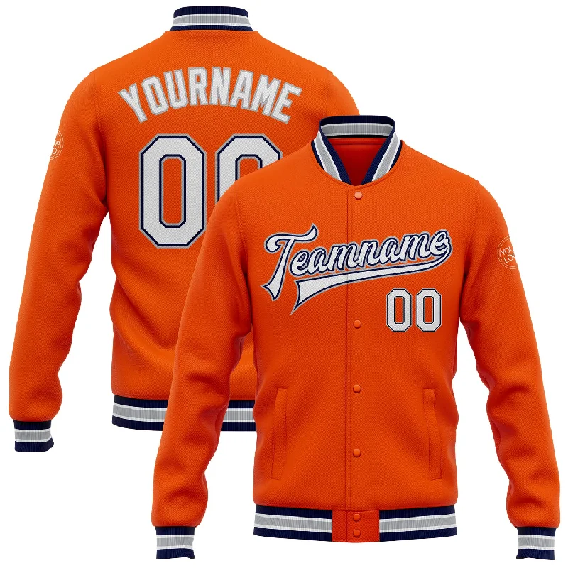 Trendy Hooded Puffer Jacket for Winter Fashion-Custom Orange White Navy-Gray Bomber Full-Snap Varsity Letterman Jacket