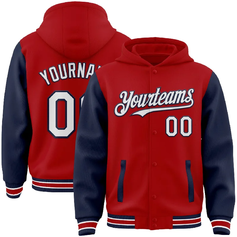 High-Performance Hoodie for Running-Custom Red White-Navy Bomber Full-Snap Varsity Letterman Two Tone Hoodie Jacket