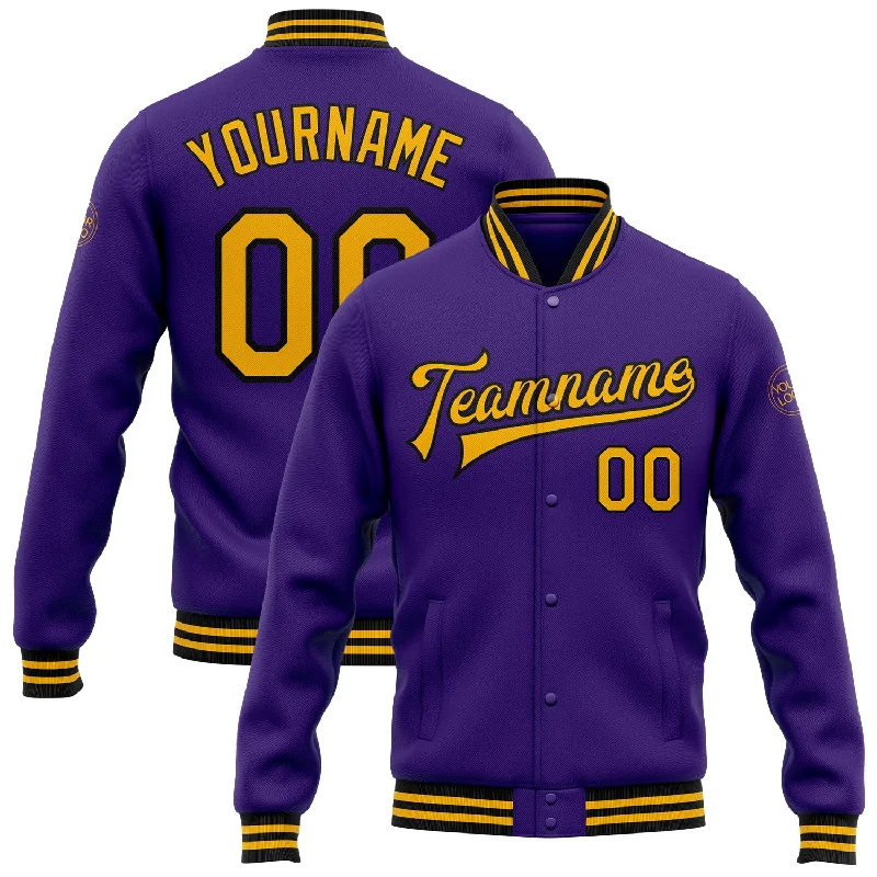 Classic Wool Coat Jacket for Timeless Style-Custom Purple Gold-Black Bomber Full-Snap Varsity Letterman Jacket