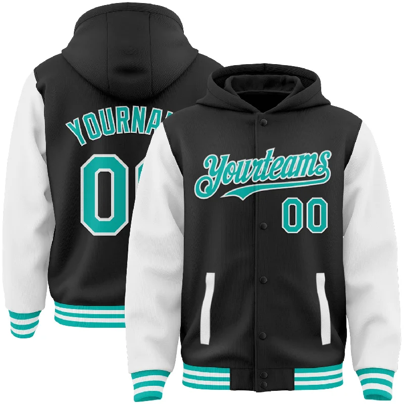 Classic Hoodie with a Simple Design-Custom Black Aqua-White Bomber Full-Snap Varsity Letterman Two Tone Hoodie Jacket