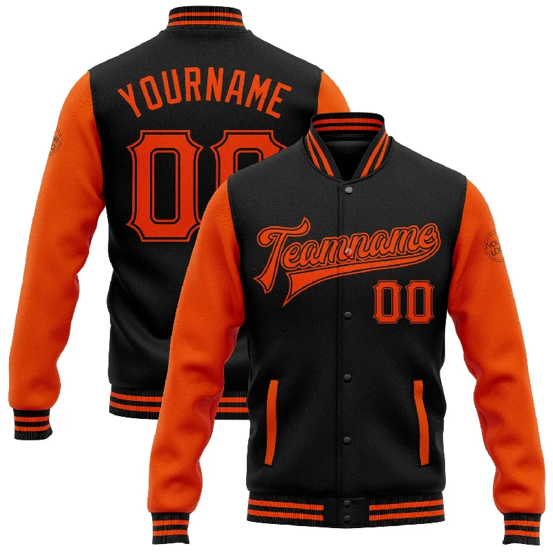 Fashionable Outdoor Jacket for Adventure Lovers-Custom Black Orange Bomber Full-Snap Varsity Letterman Two Tone Jacket