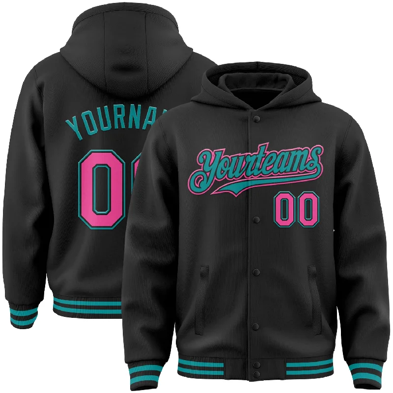 Sporty Hoodie for Jogging and Walking-Custom Black Pink-Teal Bomber Full-Snap Varsity Letterman Hoodie Jacket