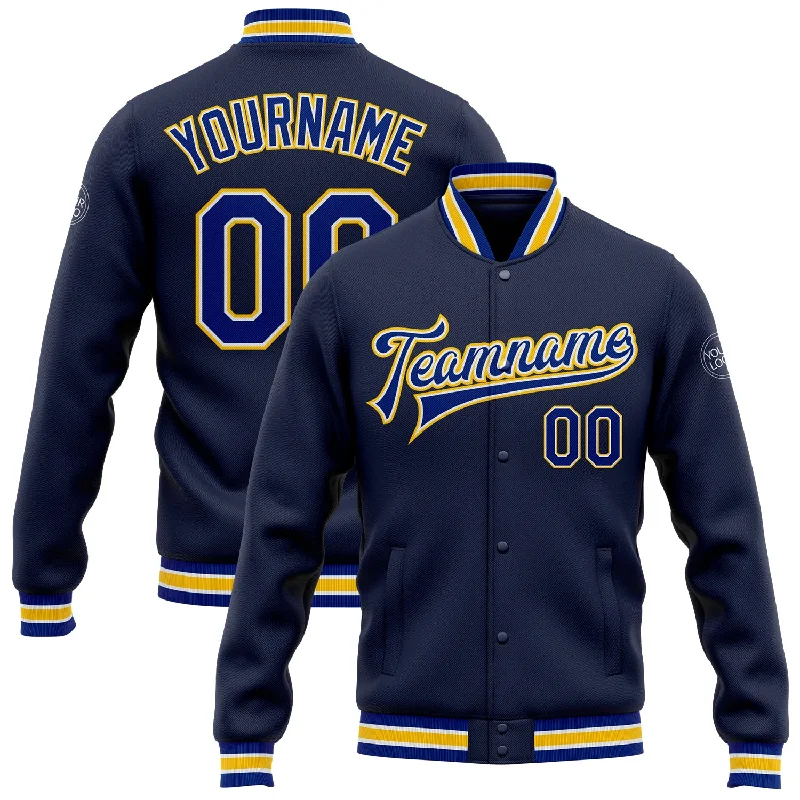 Athletic Wear Jacket for Running and Jogging-Custom Navy Royal-Yellow Bomber Full-Snap Varsity Letterman Jacket